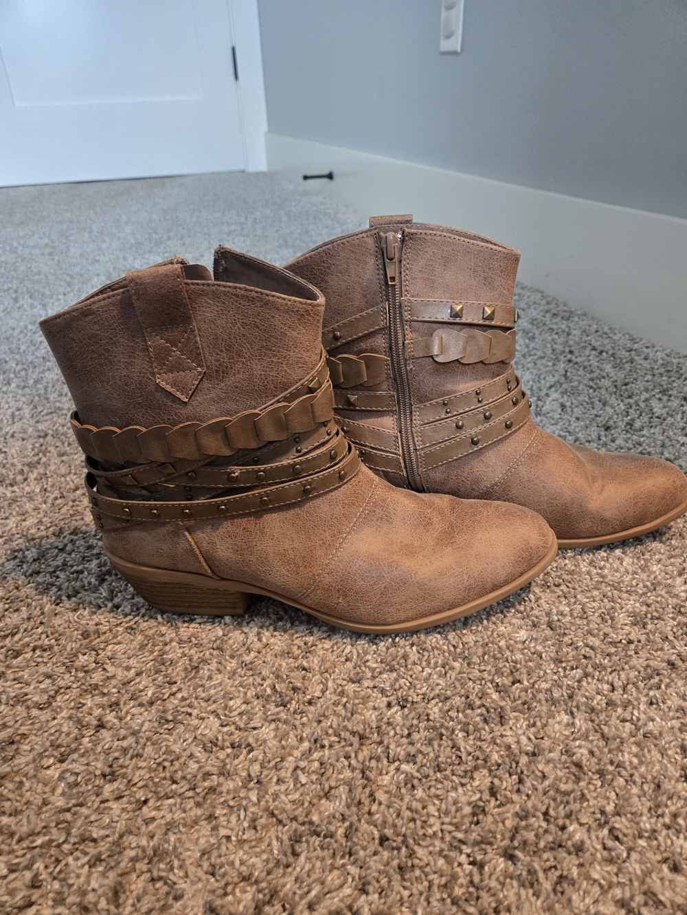 Tan Studded Western Ankle Boots - Women
